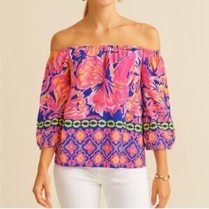 Lilly Pulitzer Pink and Blue Sanilla Silk Vibrant Blouse